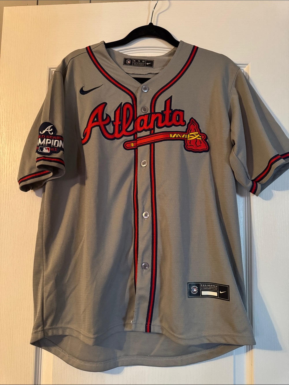 Nike Gray Atlanta Kids Baseball Jersey with Red and Black Trim